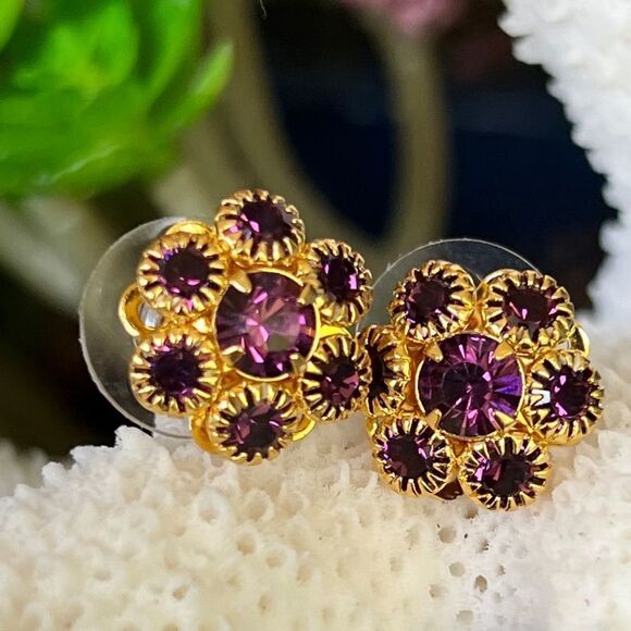 Gold Purple Floral Swarovski Crystals Statement Earrings - Picture 4 of 9